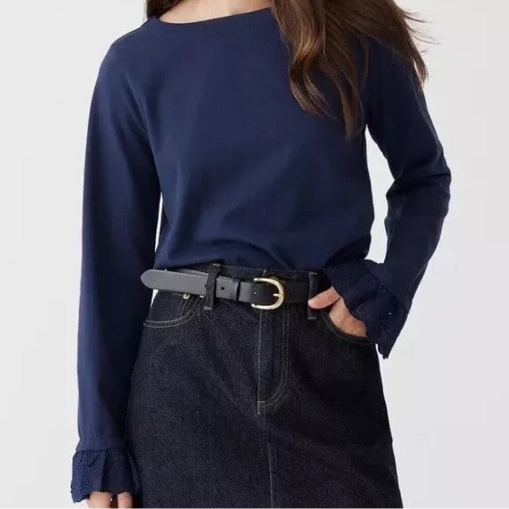J Crew Mariner Jersey Bell Sleeve T Shirt Eyelet Trim Boat Neck Navy Blue XXL
